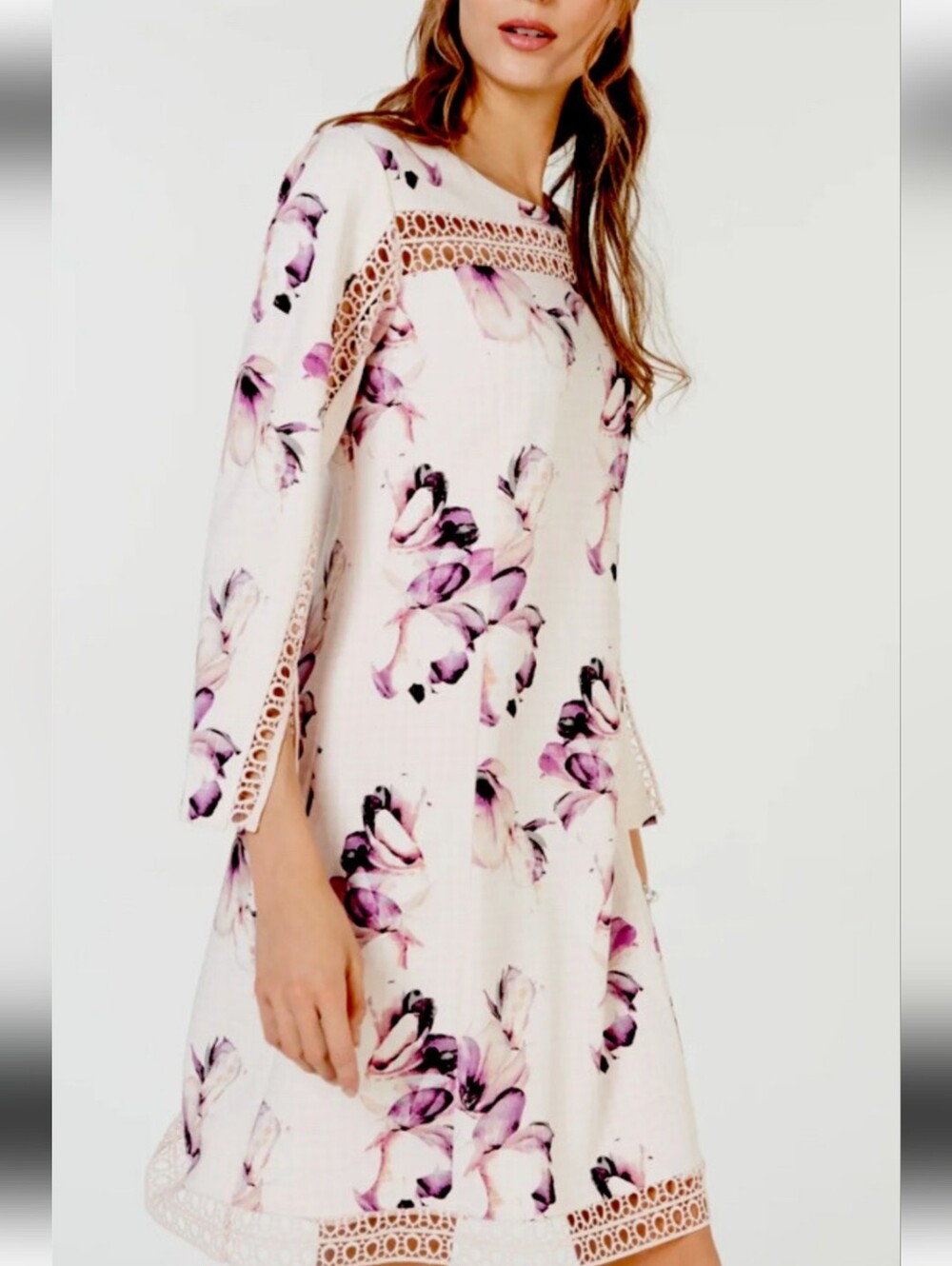 Alfani Pink & White Floral Crochet Lace-Trim Long Sleeve A-Line Dress Size 6
